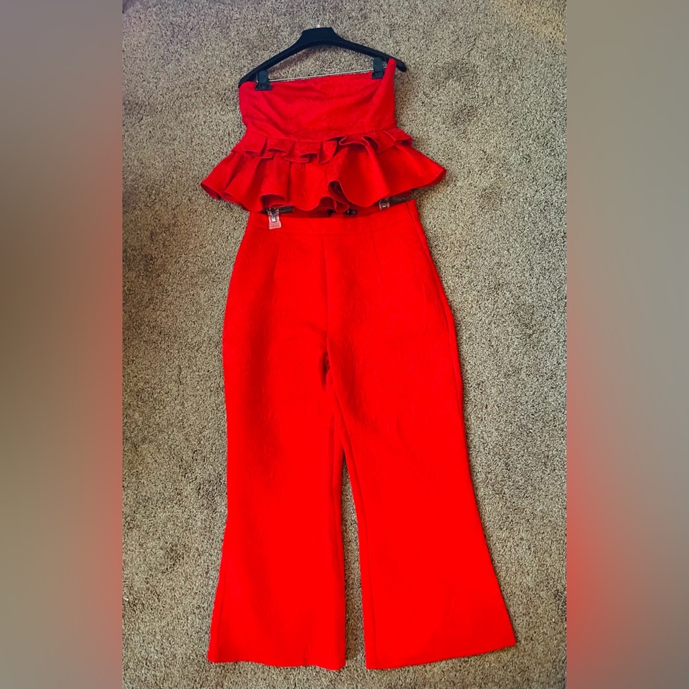 Apple Red Brocade Pelpum Top With Matching Pants